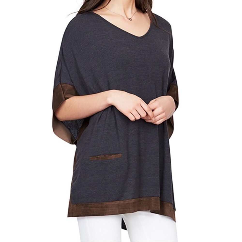 ECRU Lagenlook Pocho Style Suede Trim V Neck Top Size Large VGUC